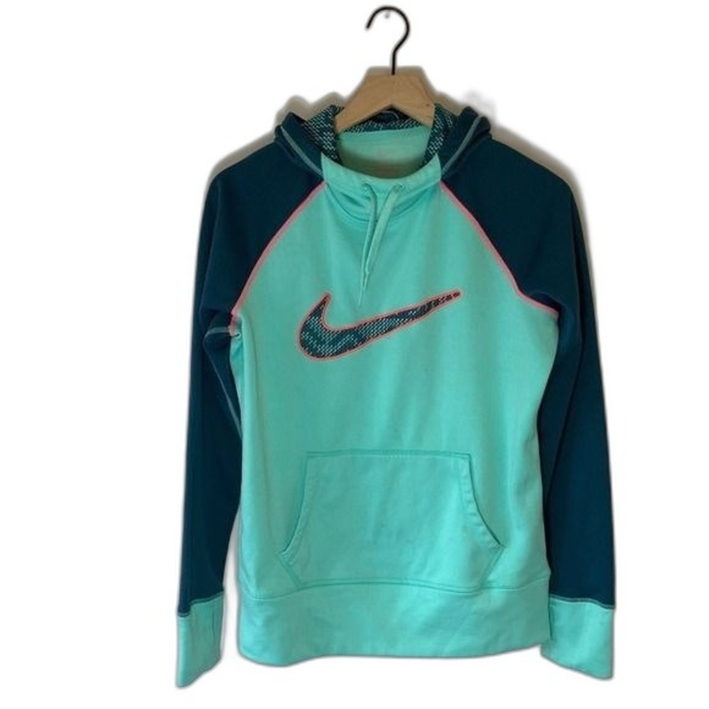 Nike Therma-FIT Hoodie Womens Teal Navy Pink Colorblock Thumbhole Pullover M
